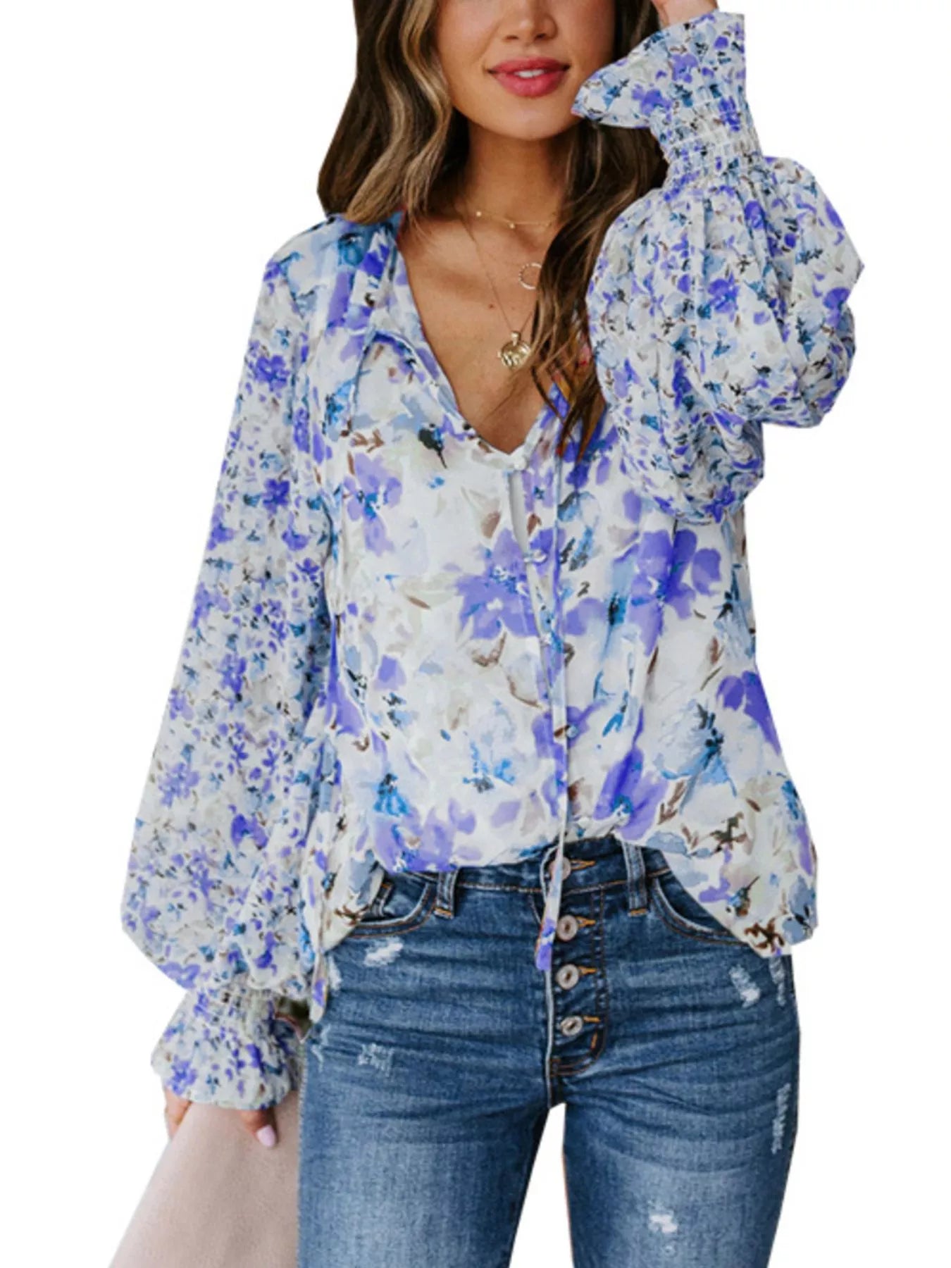 Full Size Floral Print Smocked Cuff Blouse Plus Size New Era Fashion LLc
