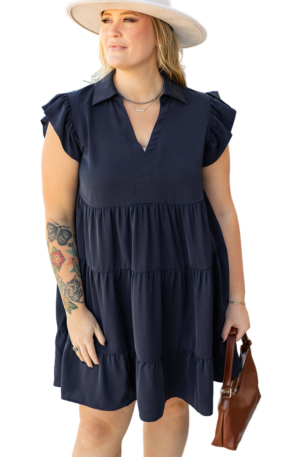 Navy Blue Collared V Neck Flutter Sleeve Tiered Plus Size Dress Garden Naked Curves