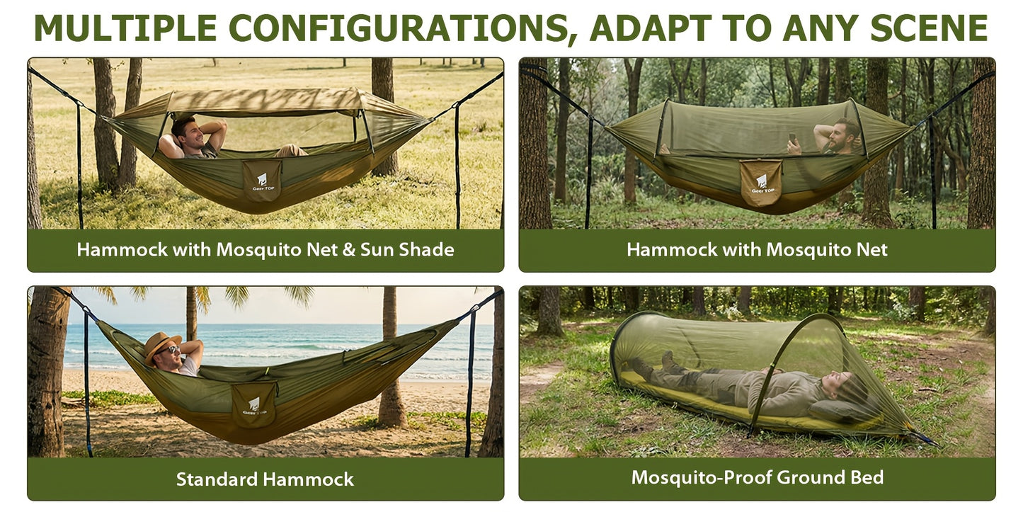 [3-in-1 Hammock] GEERTOP 3-in-1 Outdoor Hammock | Double Sleep Rest Camping Hammock with Mosquito Net Sun Shelter for Backpacking Travel Garden Park NovaCart