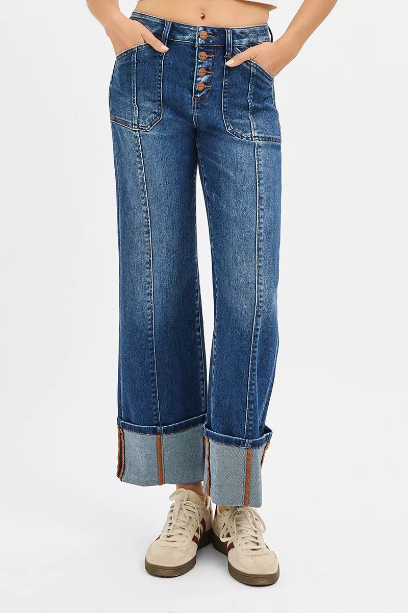 RISEN Full Size High Rise Crop Wide Straight Cuffed Jeans Plus Size Garden Naked Curves