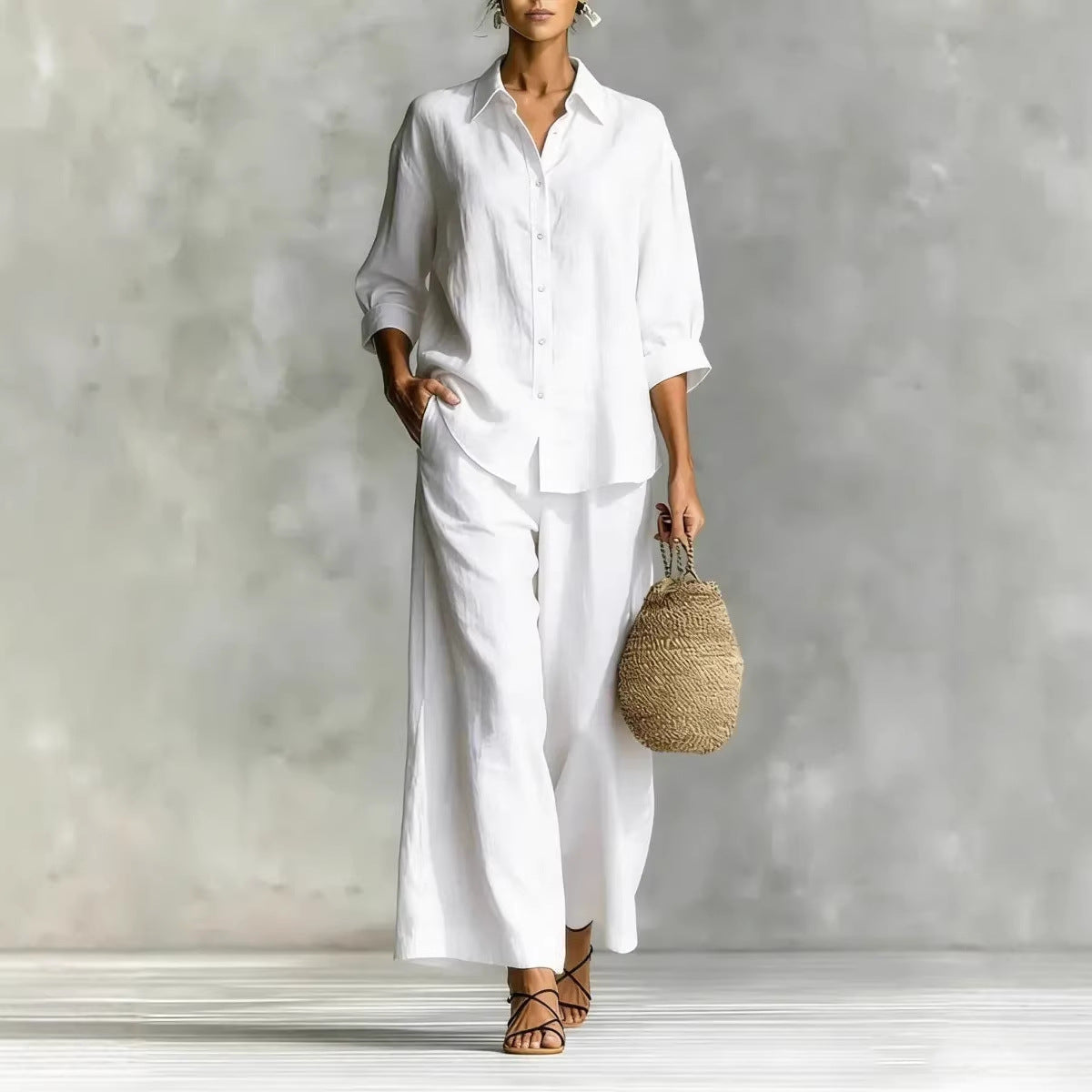 Cotton-Linen Shirt & Wide-Leg Pants Suit – 6 Colors, S–5XL FitiqueFit
