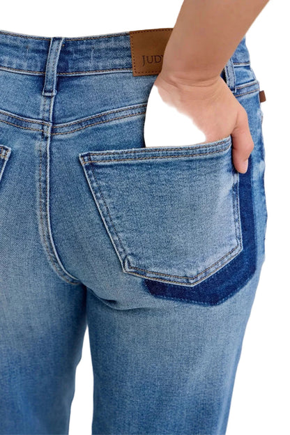 Judy Blue Full Size Mid Rise Bf Patch & Repair Destroy Release Hem Jeans Plus Size Garden Naked Curves
