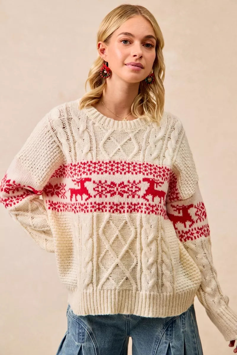 BiBi Christmas Theme Patterned Cable Knit Sweater FitiqueFit
