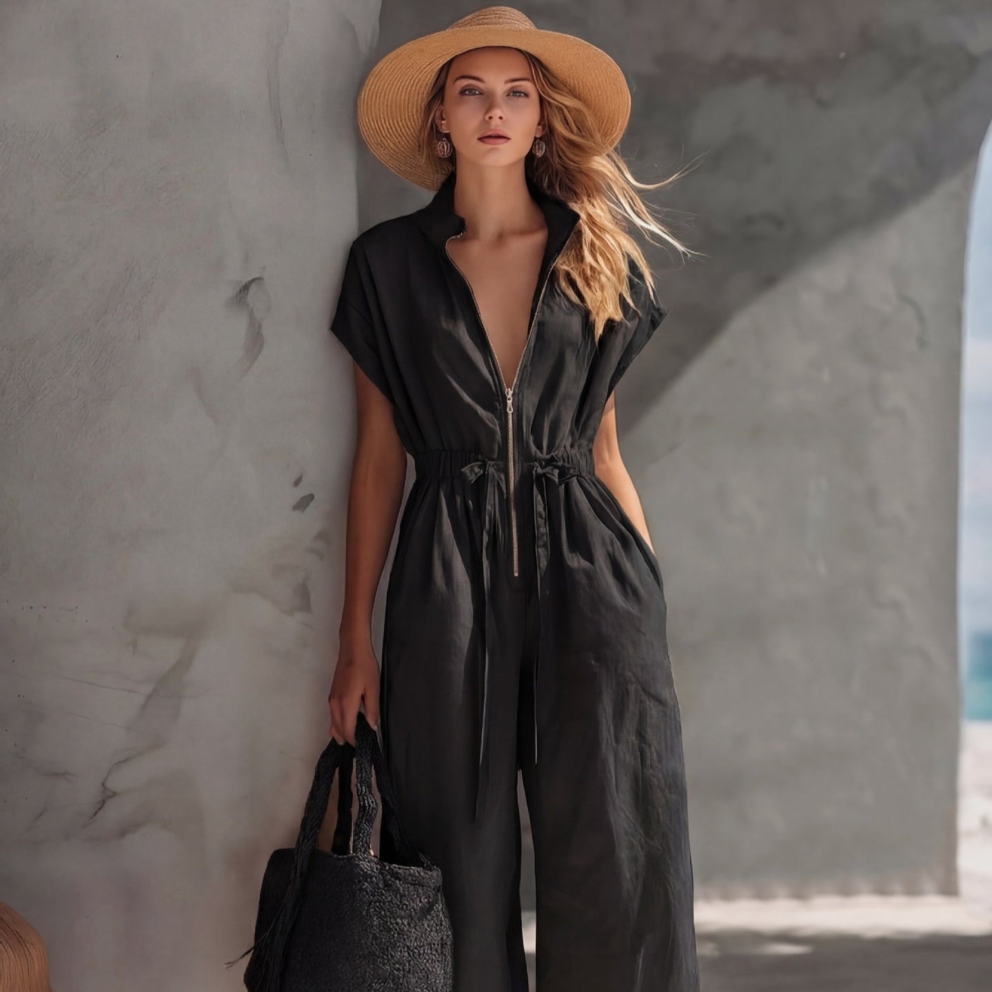 Retro Resort V-Neck Jumpsuit – Drop Shoulder, Loose Fit FitiqueFit