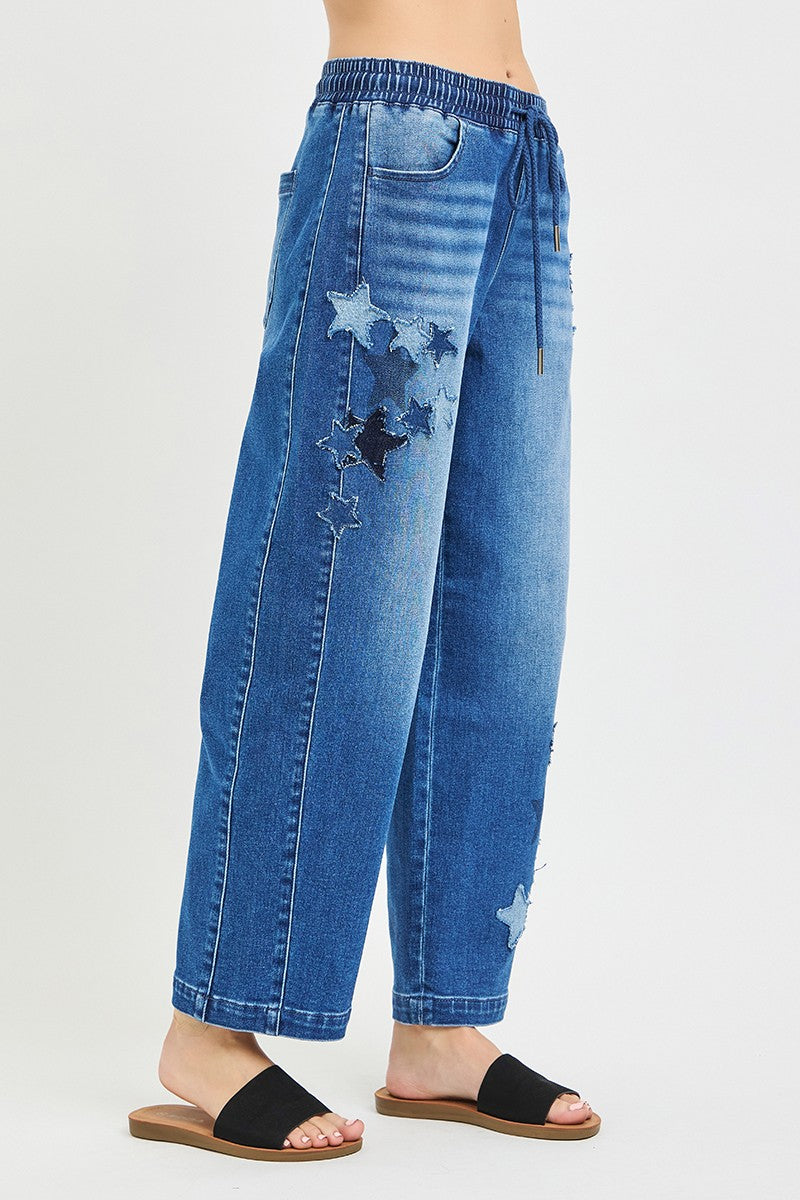 RISEN Elastic Band Slouchy Cropped Barrel with Star Patch New Era Fashion LLc