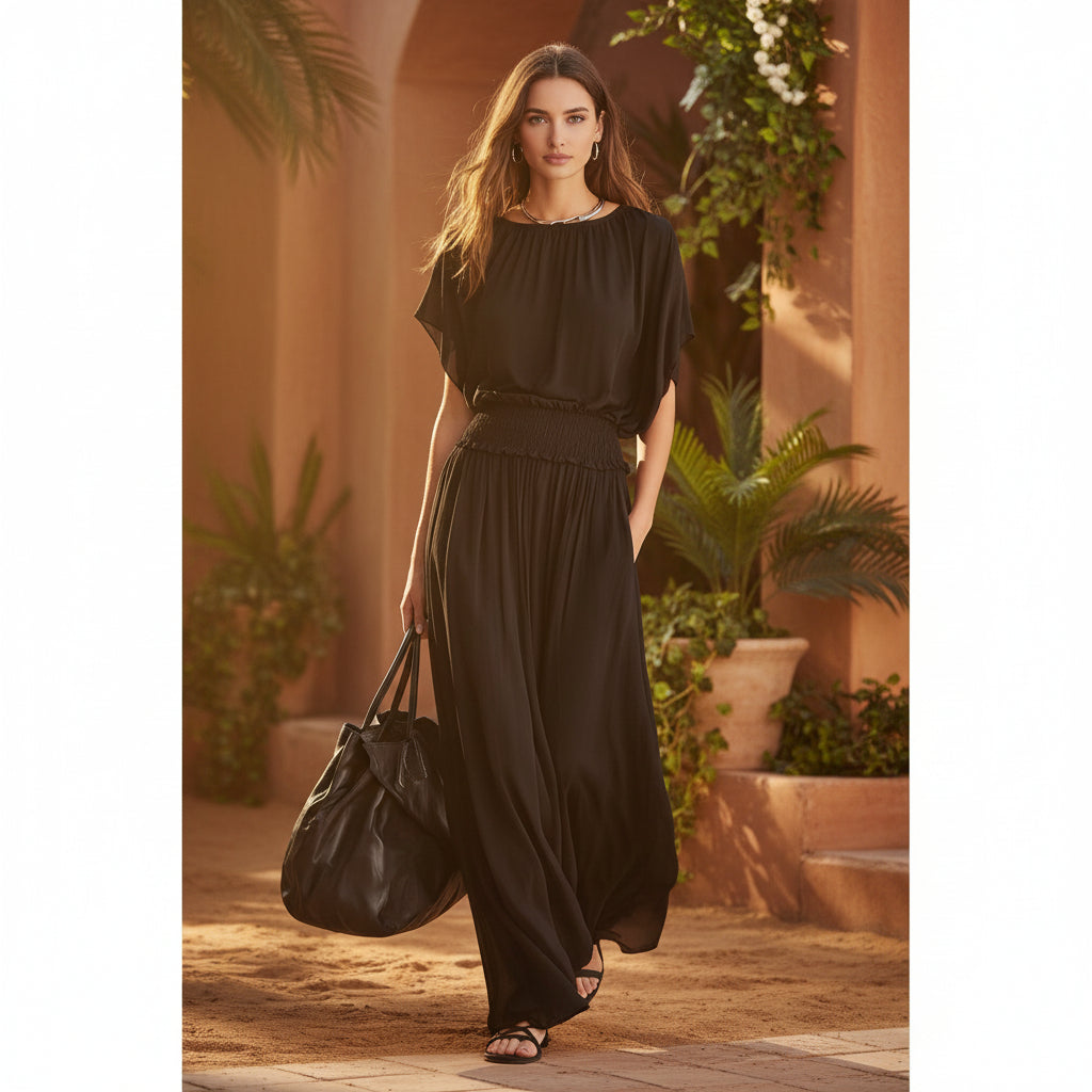 Women's Chiffon High-Waist Ruched Maxi Dress FitiqueFit