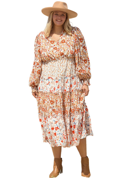 Khaki Plus Size Floral Tiered Ruffle Maxi Dress Garden Naked Curves