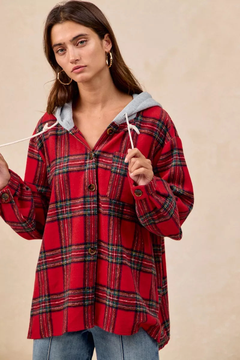 BiBi Brushed Plaid Hooded Jacket FitiqueFit