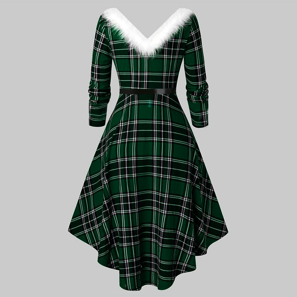 Christmas Women’s Fur Patchwork V-Neck Long-Sleeved Dress FitiqueFit
