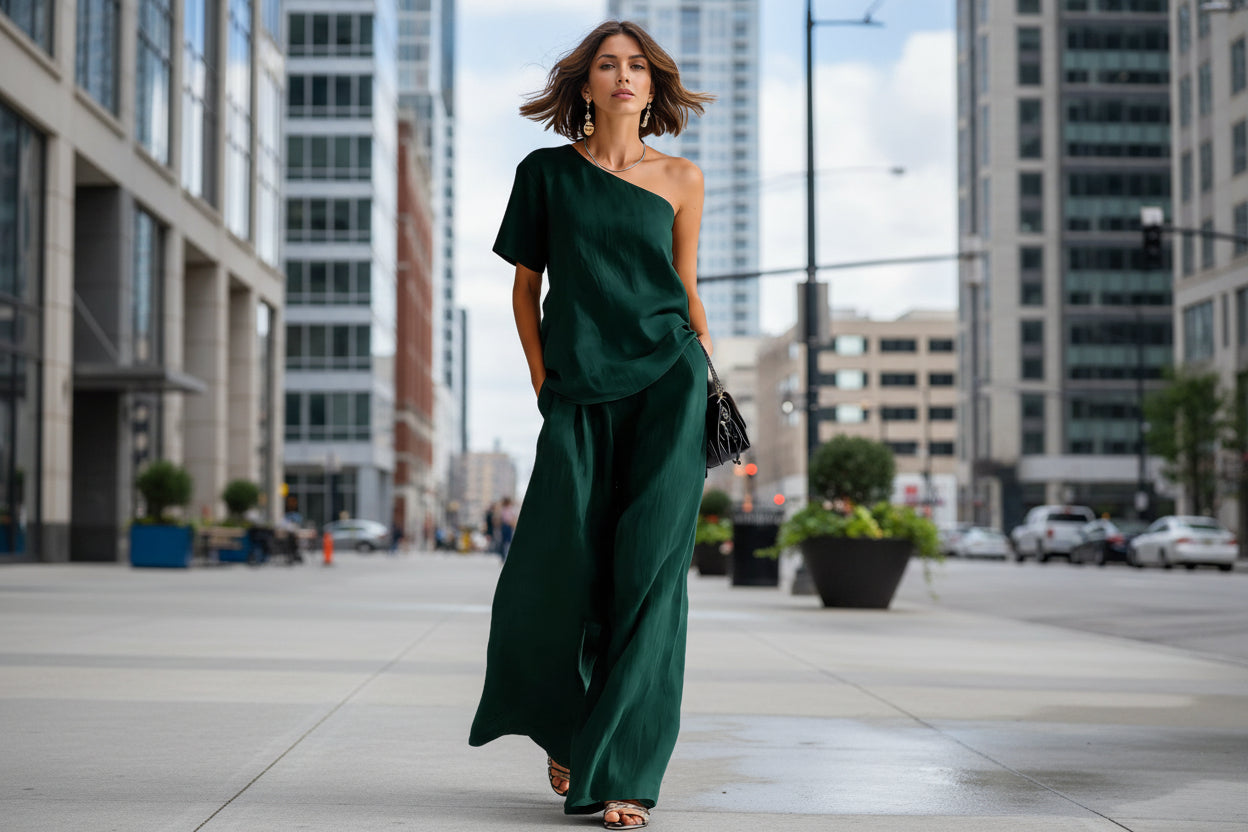 Women's Wide-Leg Pants & Top Set – 2-Piece Three-Quarter Sleeve Outfit FitiqueFit