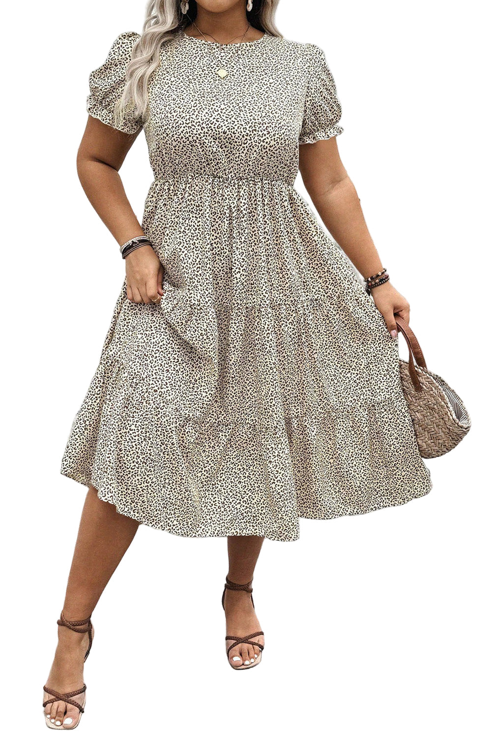 Beige Plus Size Leopard Print Frill Trim Short Sleeve Flared Dress Garden Naked Curves