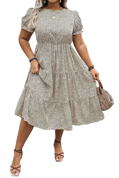 Beige Plus Size Leopard Print Frill Trim Short Sleeve Flared Dress Garden Naked Curves