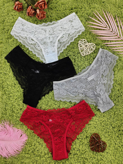 4 Pcs Women's Elegant Sheer Jacquard Lace Bikini Panties, Mid Stretch Low Waist Panties, Women's Lingerie & Underwear NovaCart