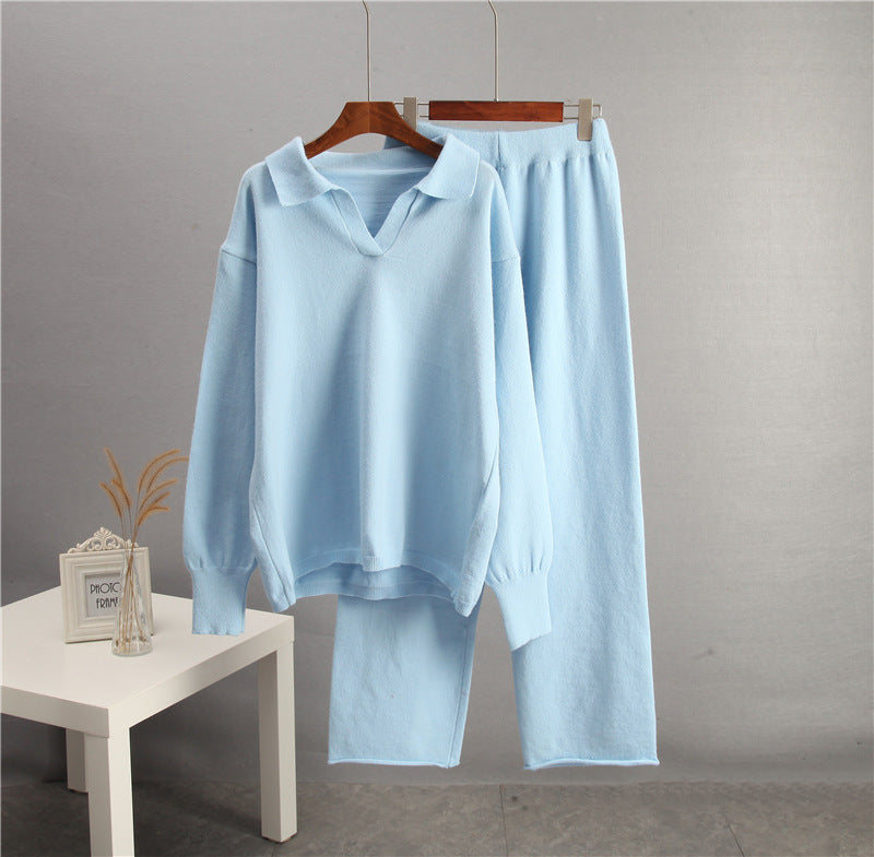 Solid Color Lapel Sweater Set for Women FitiqueFit