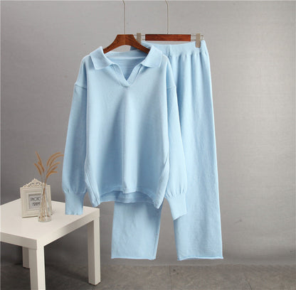 Solid Color Lapel Sweater Set for Women FitiqueFit