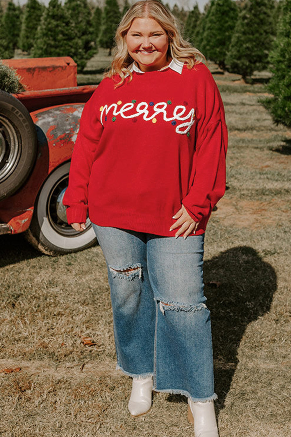 Fiery Red Merry Graphic Christmas Plus Size Sweater Garden Naked Curves