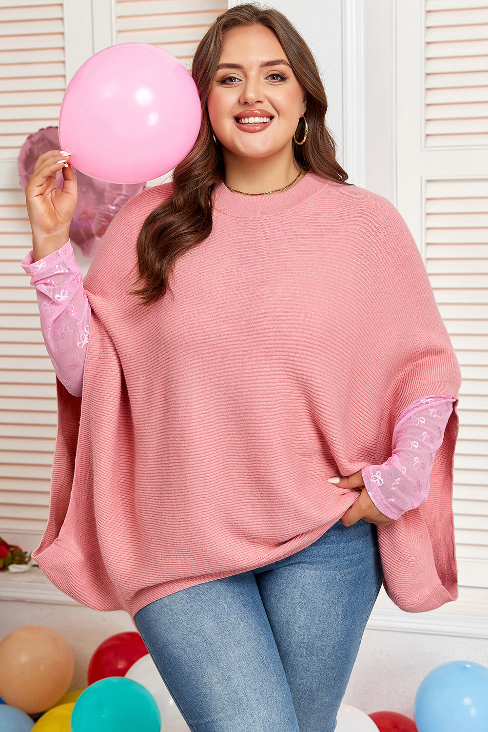 Light Pink Ribbed Knit Half Sleeve Plus Size Poncho Style Sweater Garden Naked Curves