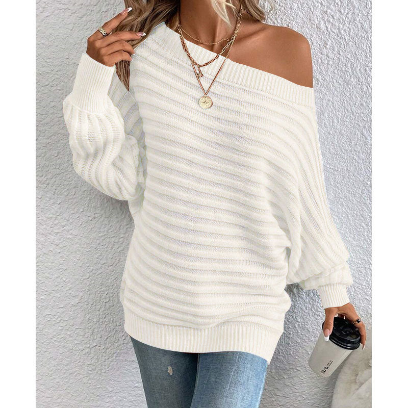 Off-Shoulder Batwing Sweater – Loose Knit Pull-Over for Fall FitiqueFit