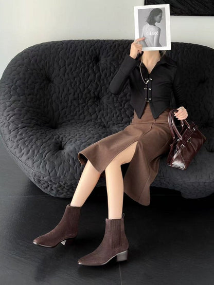 Women’s Retro Square-Toe Mid-Heel Chunky Leather Boots FitiqueFit