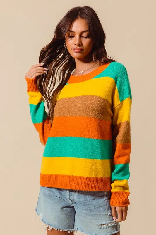 SO ME Multi Color Stripe Sweater with Ribbed Detail West2East Surf