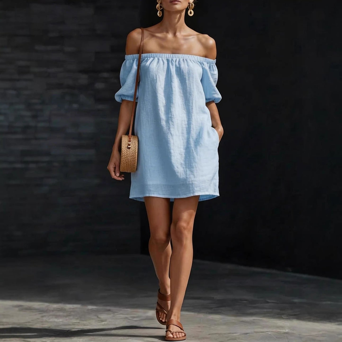 Women's Cotton-Linen Off-Shoulder Puff-Sleeve Loose Mini Dress FitiqueFit