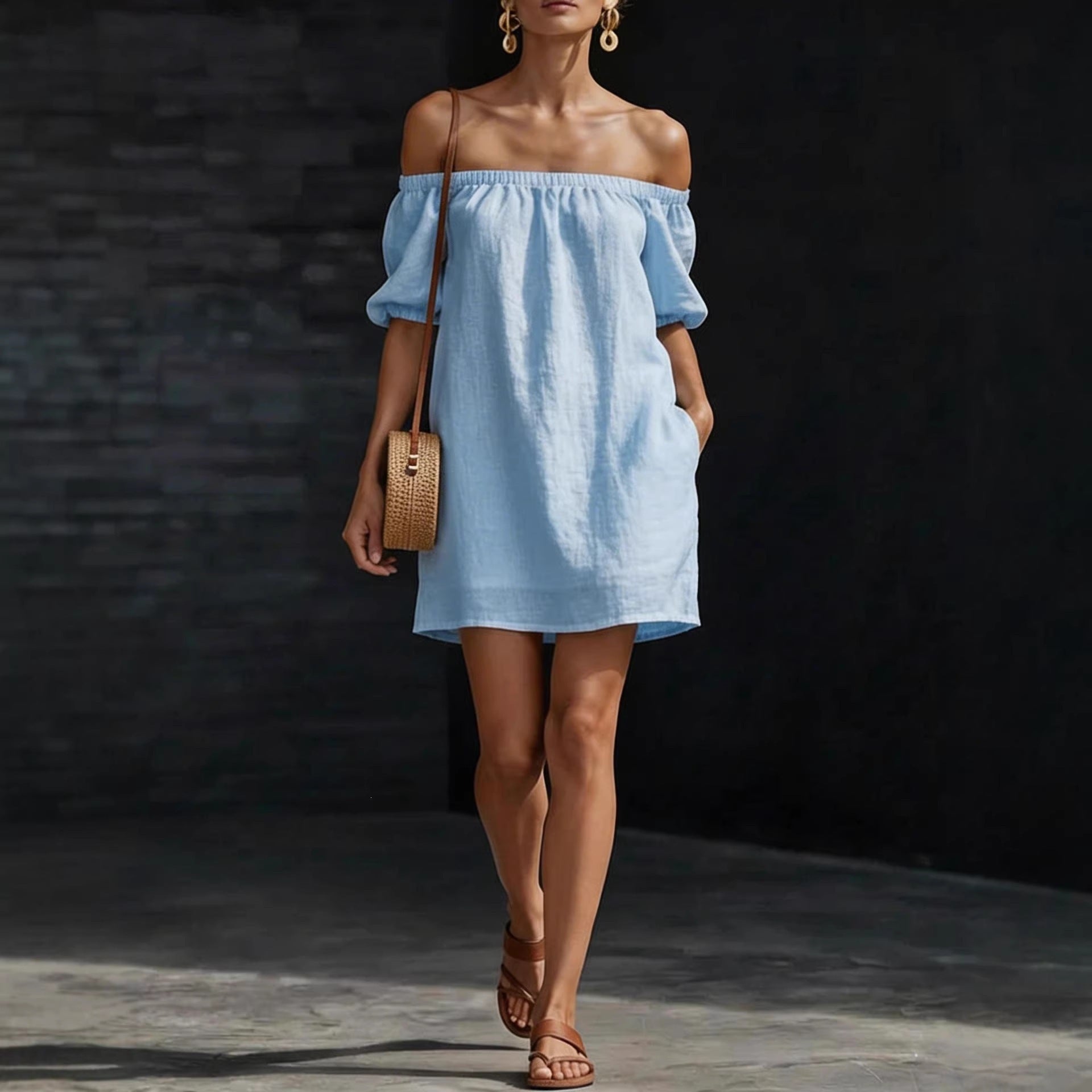 Women's Cotton-Linen Off-Shoulder Puff-Sleeve Loose Mini Dress FitiqueFit