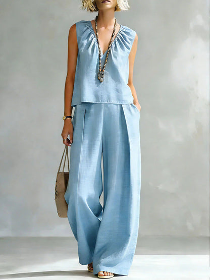 Women's Sleeveless Cotton-Linen Shirt & Pants Set – Urban 2-Piece FitiqueFit