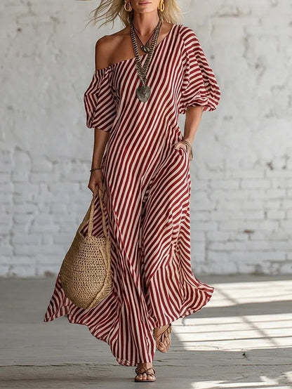 Women's Striped Off-Shoulder Elegant Midi Dress FitiqueFit