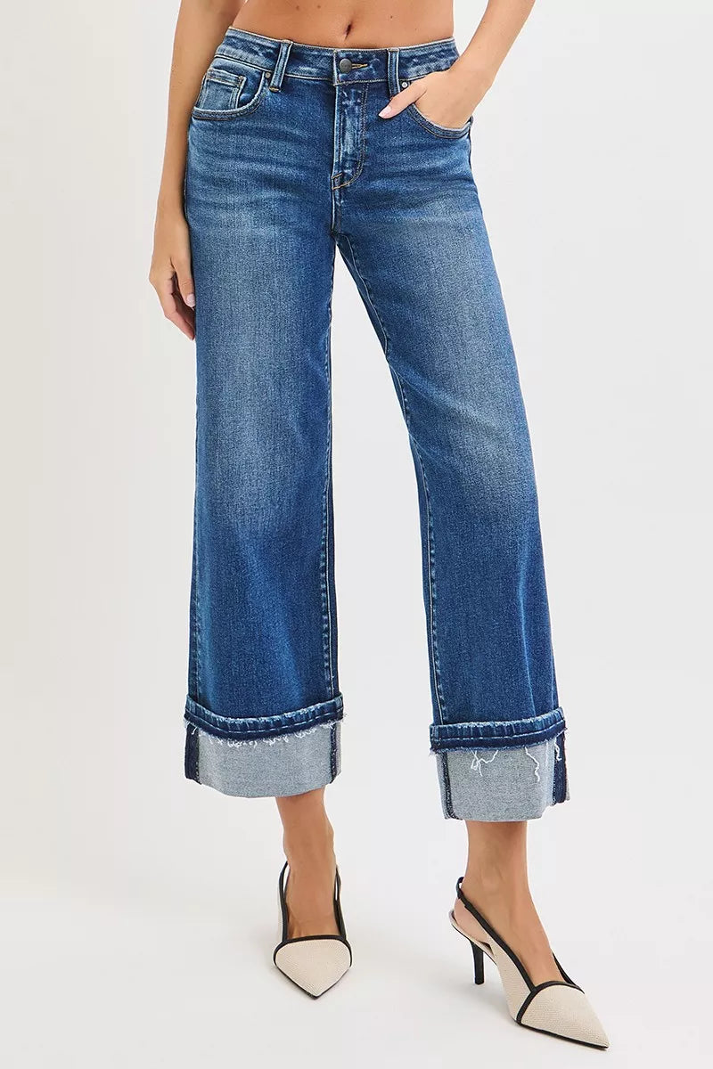 RISEN Mid Rise Ankle Straight Jeans with Cuffed Hem West2East Surf