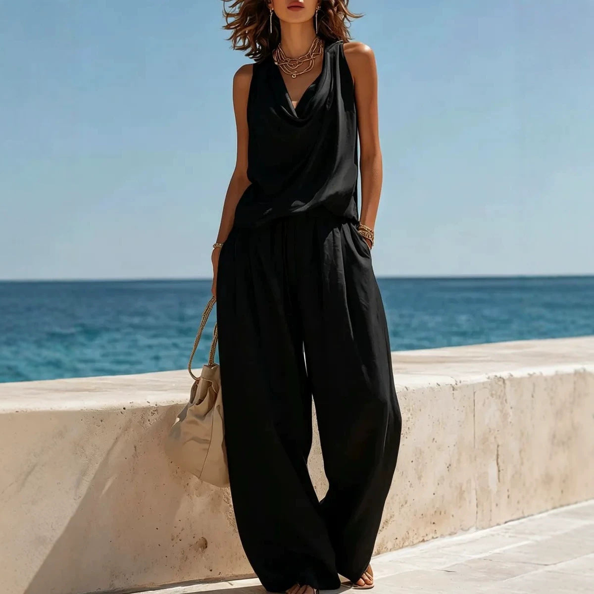 Women's Sleeveless Boat Neck Top & Wide-Leg Pants Two-Piece Set FitiqueFit