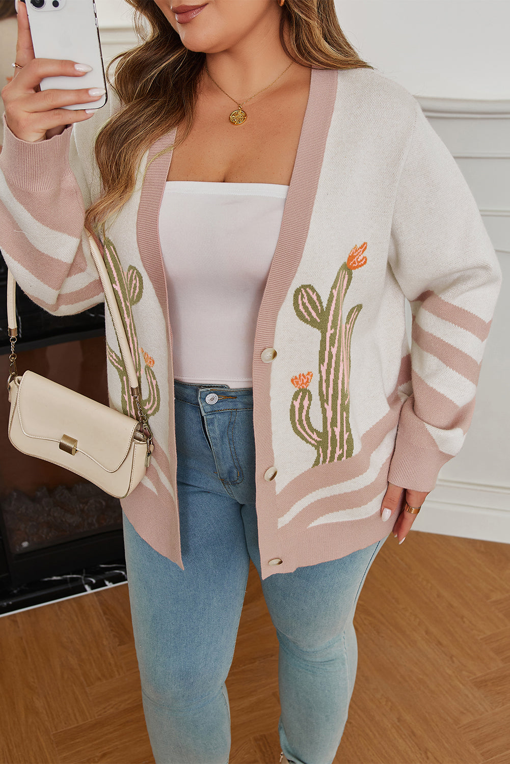 Apricot Western Desert Cactus Print Plus Size Button Cardigan Sweater Garden Naked Curves