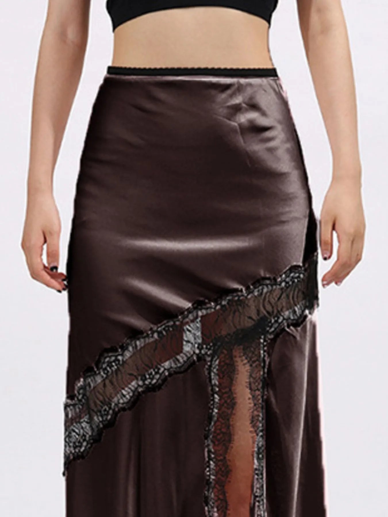 Lace Trim Asymmetrical Midi Skirt See size chart under “more details” The Fashion Celestial
