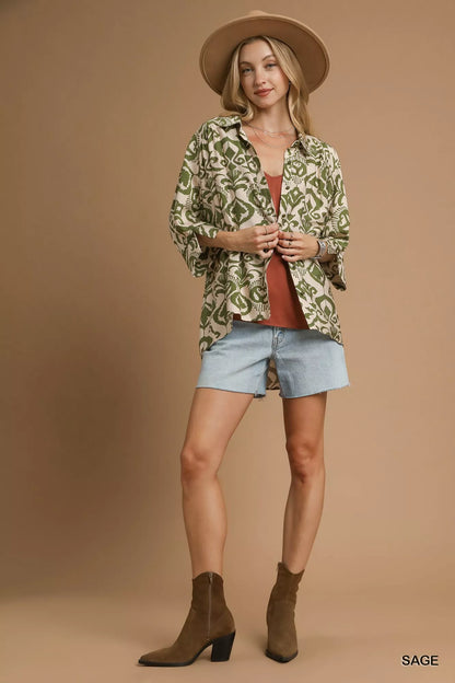 Umgee Abstract Print Button-Up Oversized Shirt FitiqueFit