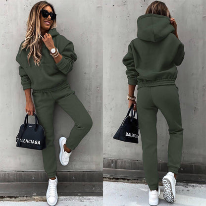 women's two piece solid color hooded sweatshirt set FitiqueFit