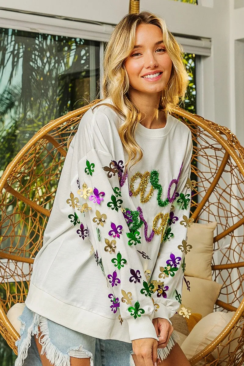 BiBi Fleur De Lis Sleeve Mardi Gras Pullover FitiqueFit
