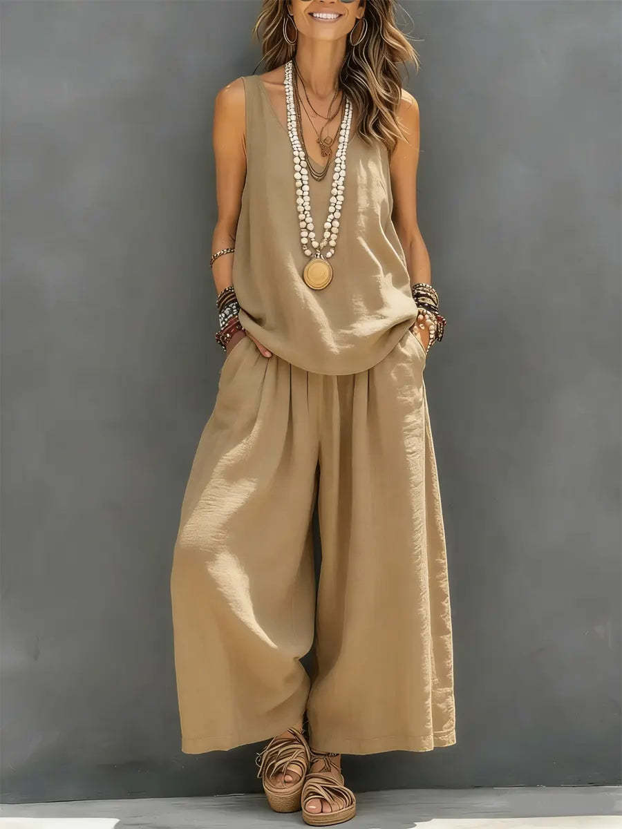 Women’s Cotton Linen Sleeveless Tank Top and Wide-Leg Pants Set FitiqueFit