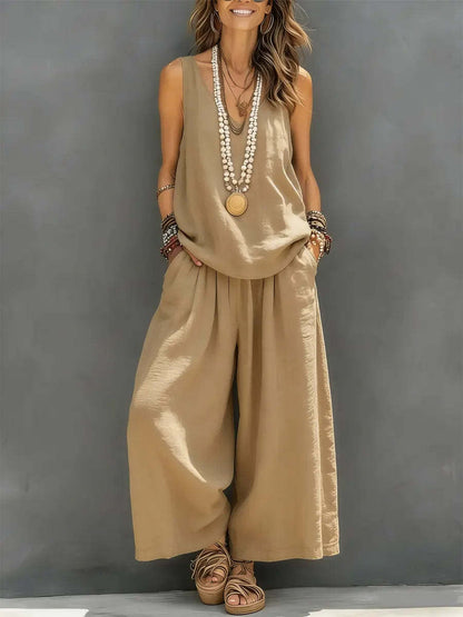 Women’s Cotton Linen Sleeveless Tank Top and Wide-Leg Pants Set FitiqueFit
