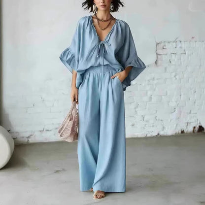 Women's Loose-Fit V-Neck Top & Wide-Leg Pants Two-Piece Set FitiqueFit