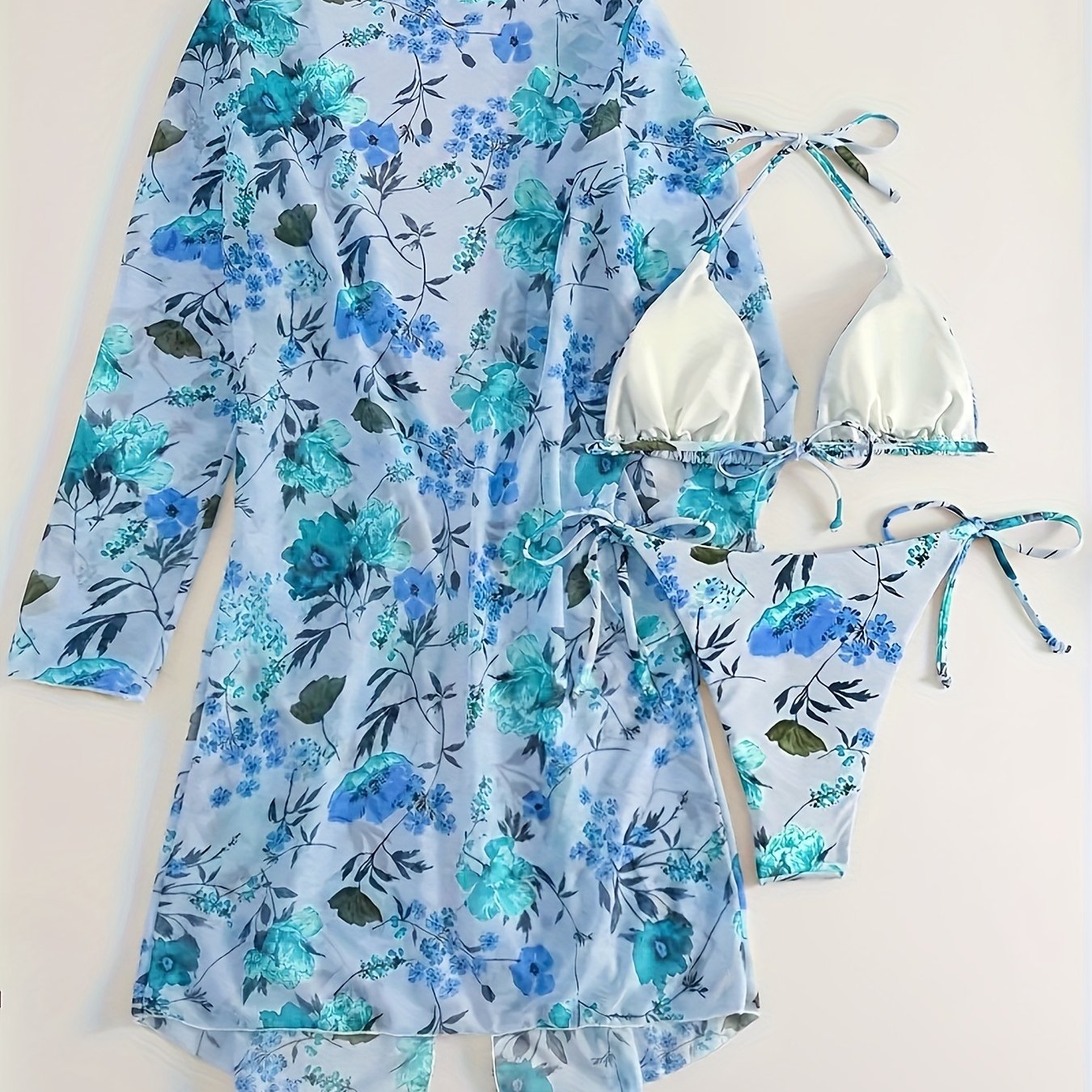 Bikini European Style Floral Print 3 Piece Swimsuit Set for Women – Sexy V Neck Bikini with Cross Strap Detail and Matching Long Sleeve Cover-Up – High Stretch Trendy Swimwear for Summer Beach Vacations Resort Looks and Poolside Fashion Stevvex