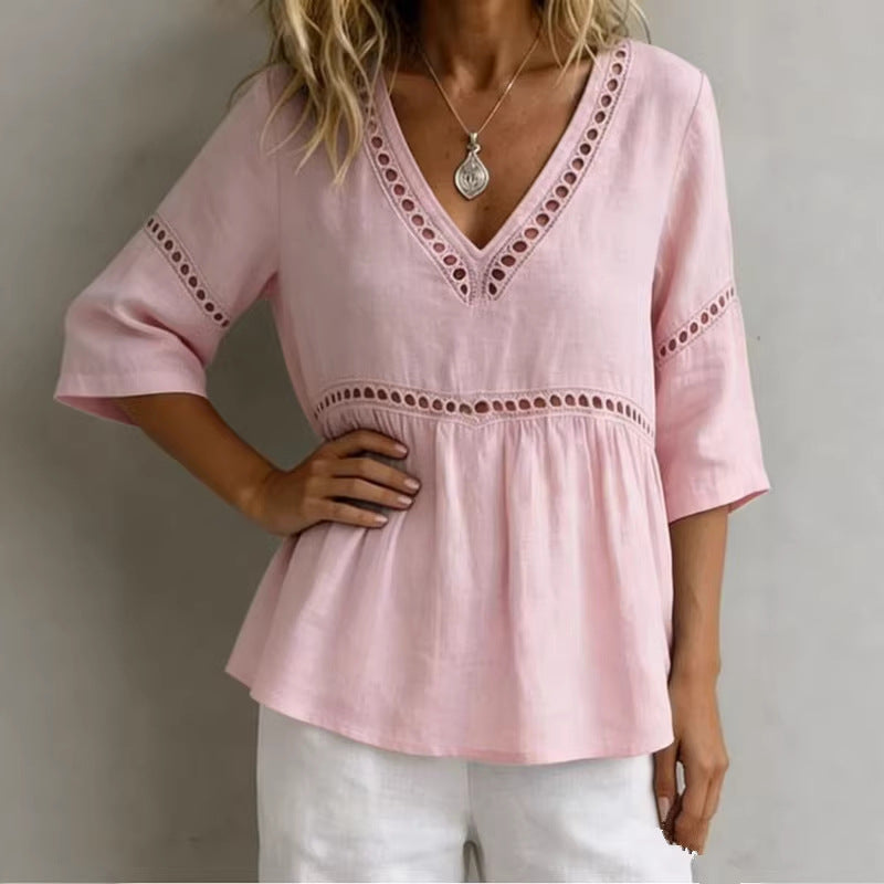 Women's V-Neck Hollow-Out Fringe Cotton-Linen Top FitiqueFit