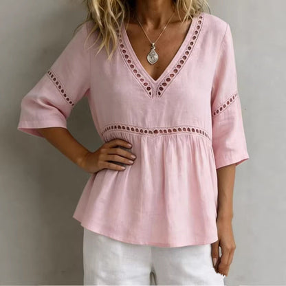 Women's V-Neck Hollow-Out Fringe Cotton-Linen Top FitiqueFit