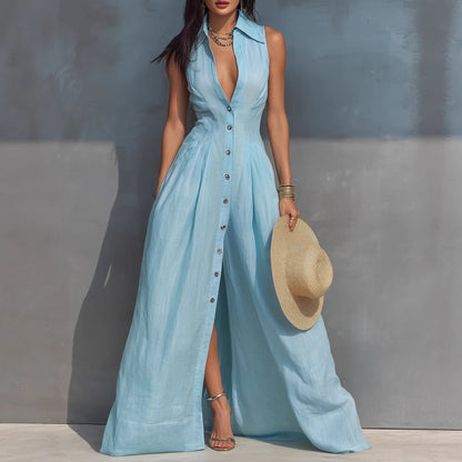 Women's High-Waist Lapel Shirt Maxi Dress – Elegant & Versatile FitiqueFit