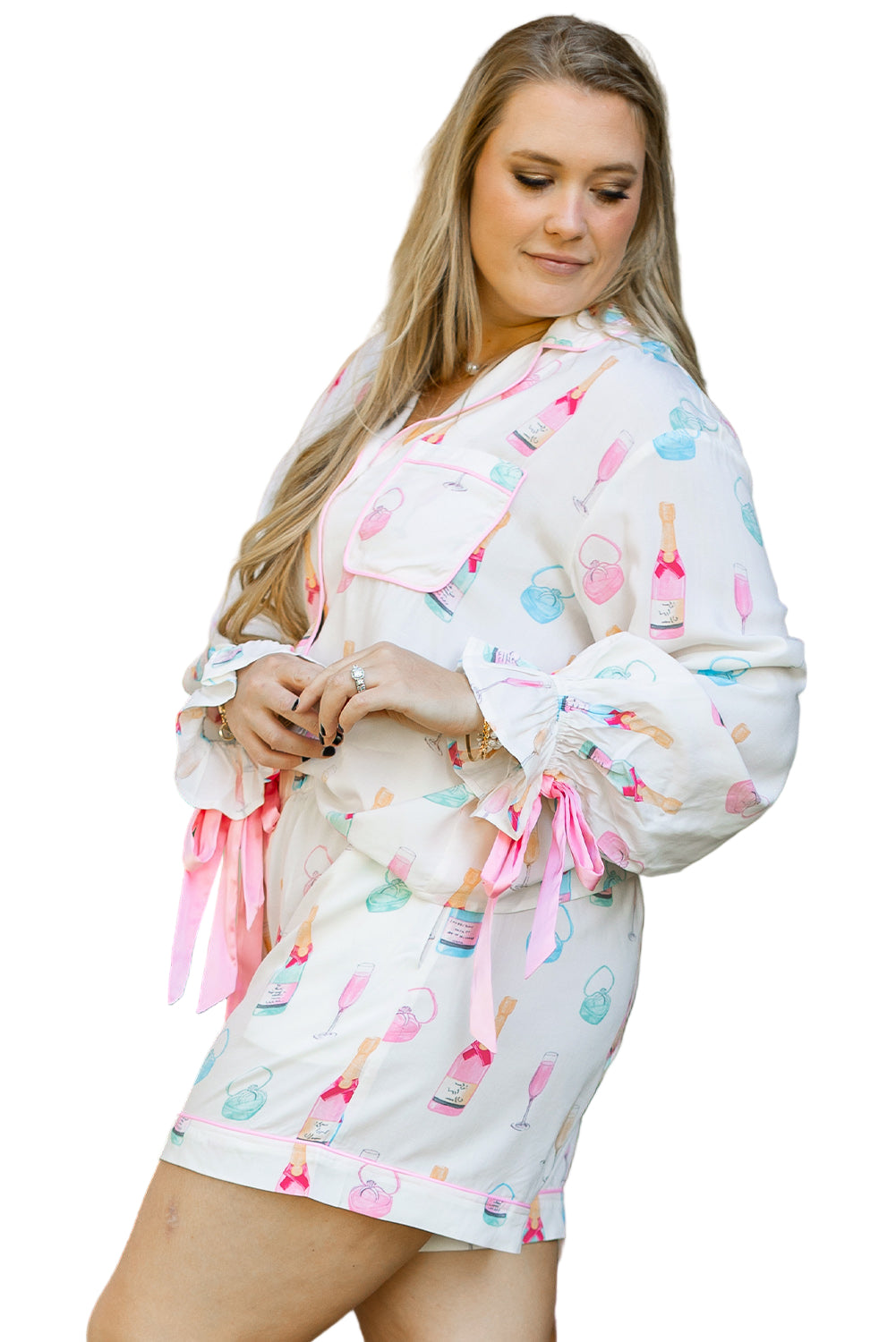 White Plus Size Wine Glass Print Bow Knot Pajama Set Garden Naked Curves