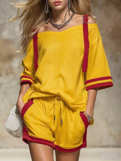 Women's Summer Contrast Color-Block Patchwork Shorts Set – 2-Piece FitiqueFit