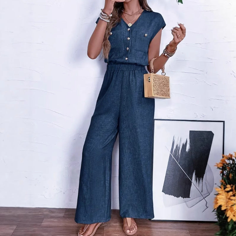 All-matching V-neck Buttons Elastic Waistband Slimming Temperament Jumpsuit Grayceful LLC