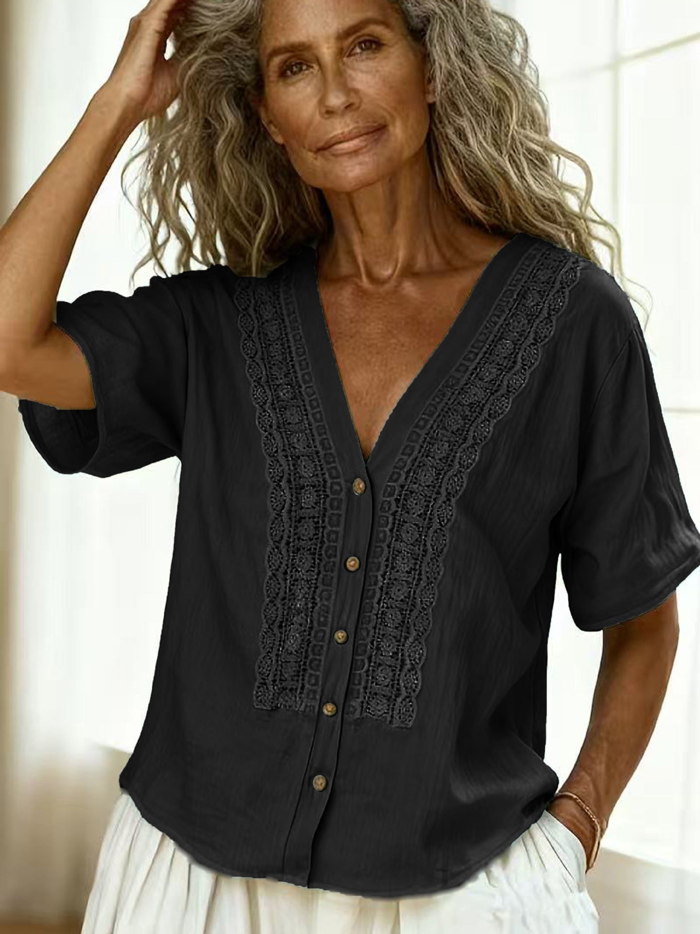 Women's Loose-Fit Faux Linen Embroidered Button-Up Top FitiqueFit