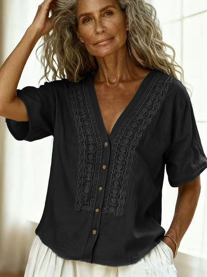 Women's Loose-Fit Faux Linen Embroidered Button-Up Top FitiqueFit
