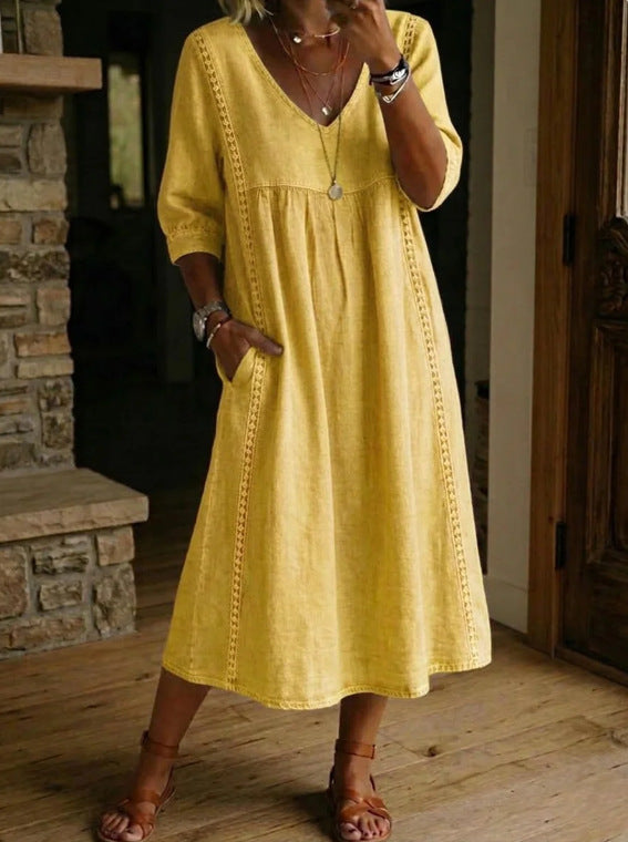 Women's Linen Cotton V-Neck Dress – Lace Trim, Loose Fit, 7 Colors FitiqueFit