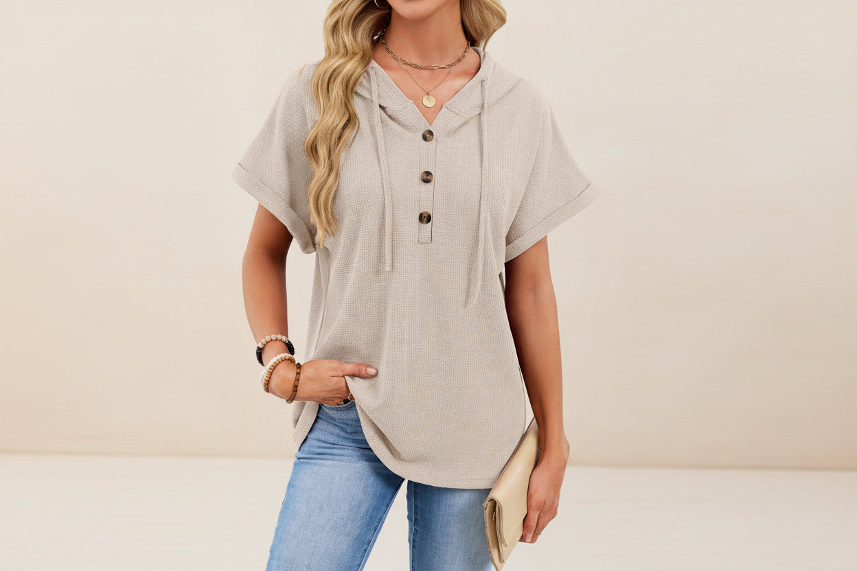 Women's Waffle Knit Hooded Short-Sleeve Top – Drawstring Button Pullover FitiqueFit
