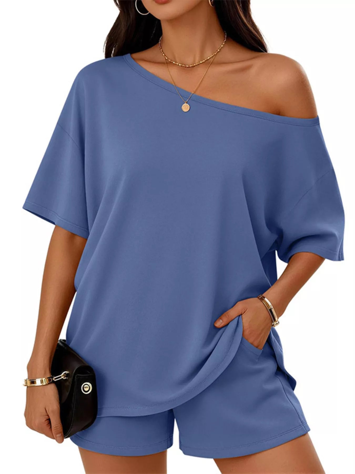 Full Size Boat Neck Tee and Shorts Set Plus Size New Era Fashion LLc